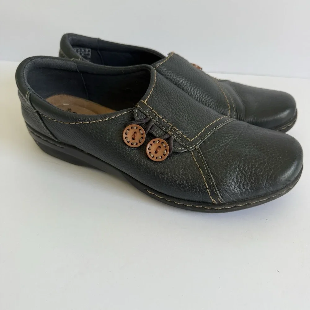 Clarks Soft Cushion Leather Slip On Double Button Loafers Women's 10M Navy Blue